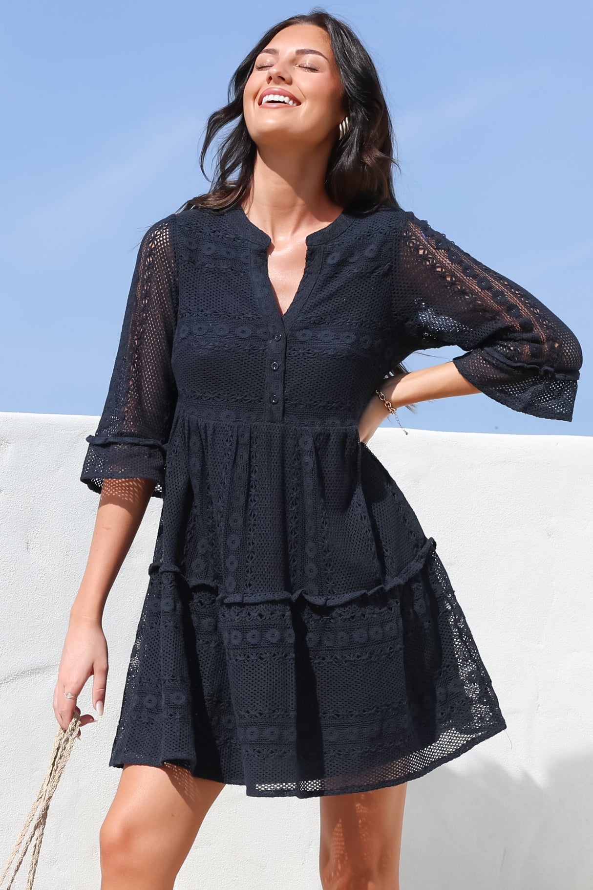 Emberly Mini Dress - Open-Work Lace Dress with Buttoned Bodice in Navy