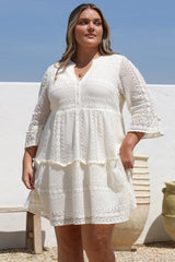 Emberly Mini Dress - Open-Work Lace Dress with Buttoned Bodice in Cream