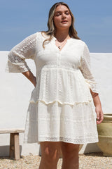 Emberly Mini Dress - Open-Work Lace Dress with Buttoned Bodice in Cream