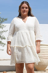 Emberly Mini Dress - Open-Work Lace Dress with Buttoned Bodice in Cream