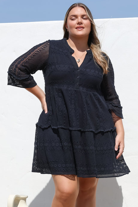 Emberly Mini Dress - Open-Work Lace Dress with Buttoned Bodice in Navy