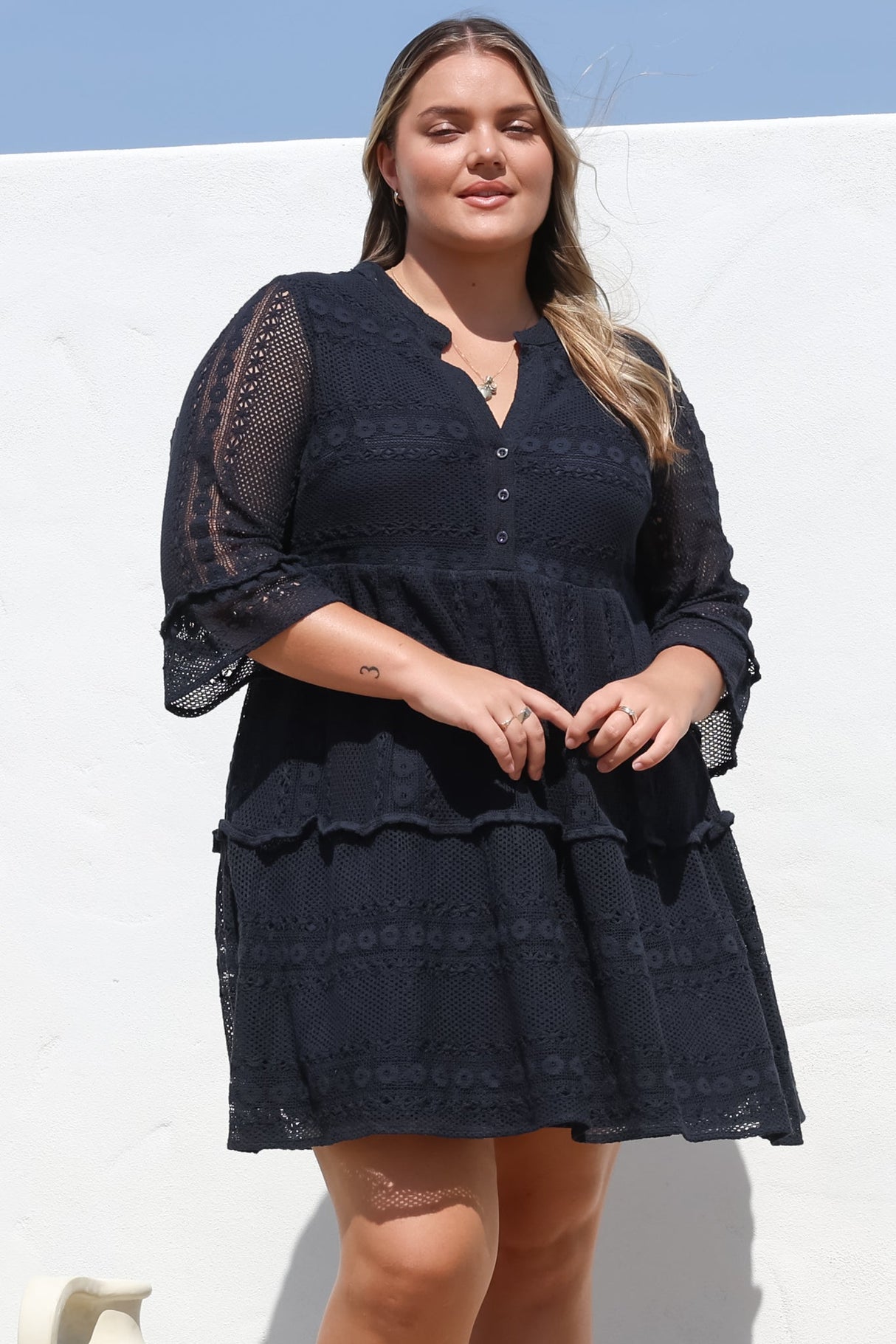 Emberly Mini Dress - Open-Work Lace Dress with Buttoned Bodice in Navy