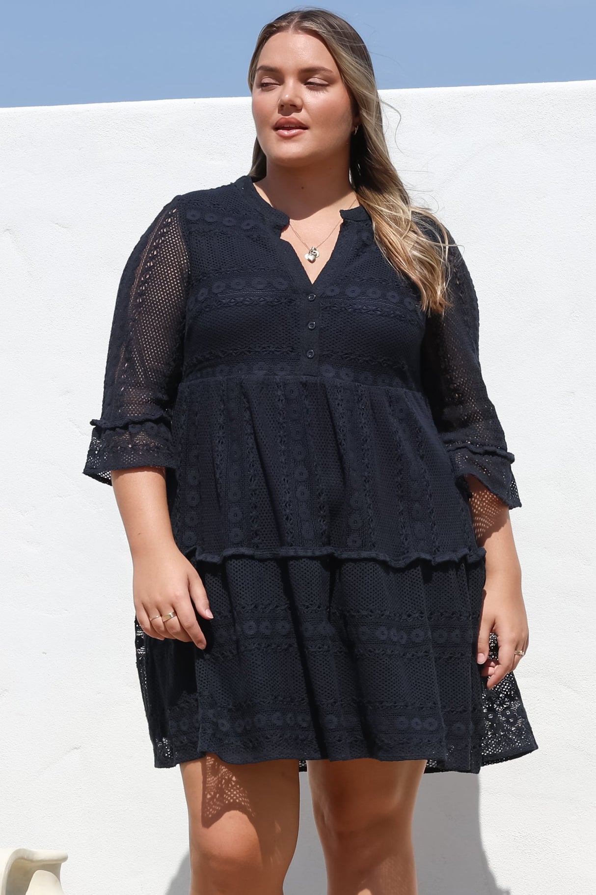 Emberly Mini Dress - Open-Work Lace Dress with Buttoned Bodice in Navy