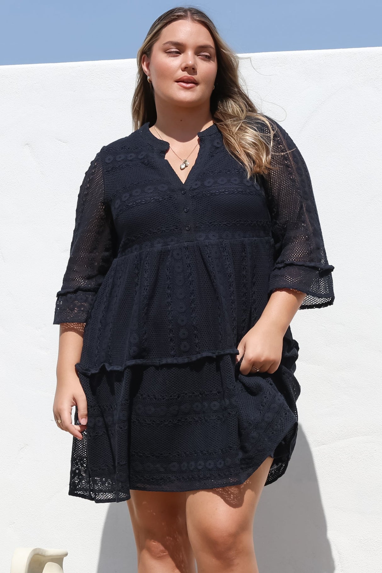 Emberly Mini Dress - Open-Work Lace Dress with Buttoned Bodice in Navy