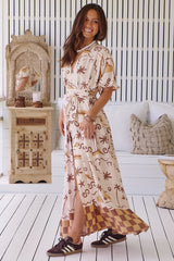 JAASE - Emerson Wrap Maxi Dress: Balloon Sleeve Kimono Wrap Dress in Tuscan Sands Print