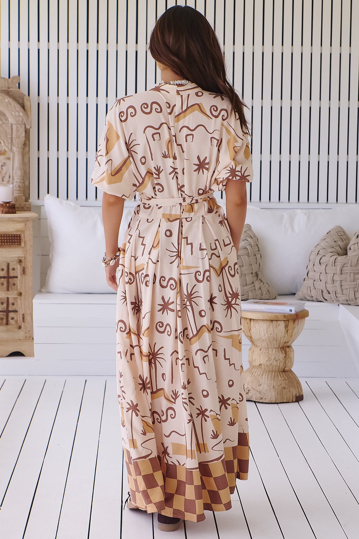 JAASE - Emerson Wrap Maxi Dress: Balloon Sleeve Kimono Wrap Dress in Tuscan Sands Print