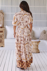 JAASE - Emerson Wrap Maxi Dress: Balloon Sleeve Kimono Wrap Dress in Tuscan Sands Print