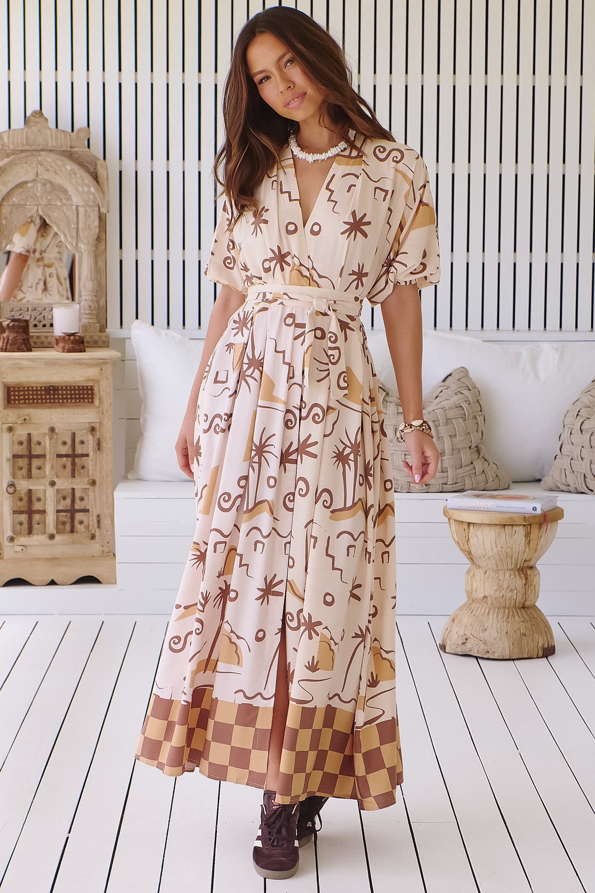 JAASE - Emerson Wrap Maxi Dress: Balloon Sleeve Kimono Wrap Dress in Tuscan Sands Print