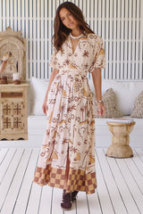 JAASE - Emerson Wrap Maxi Dress: Balloon Sleeve Kimono Wrap Dress in Tuscan Sands Print