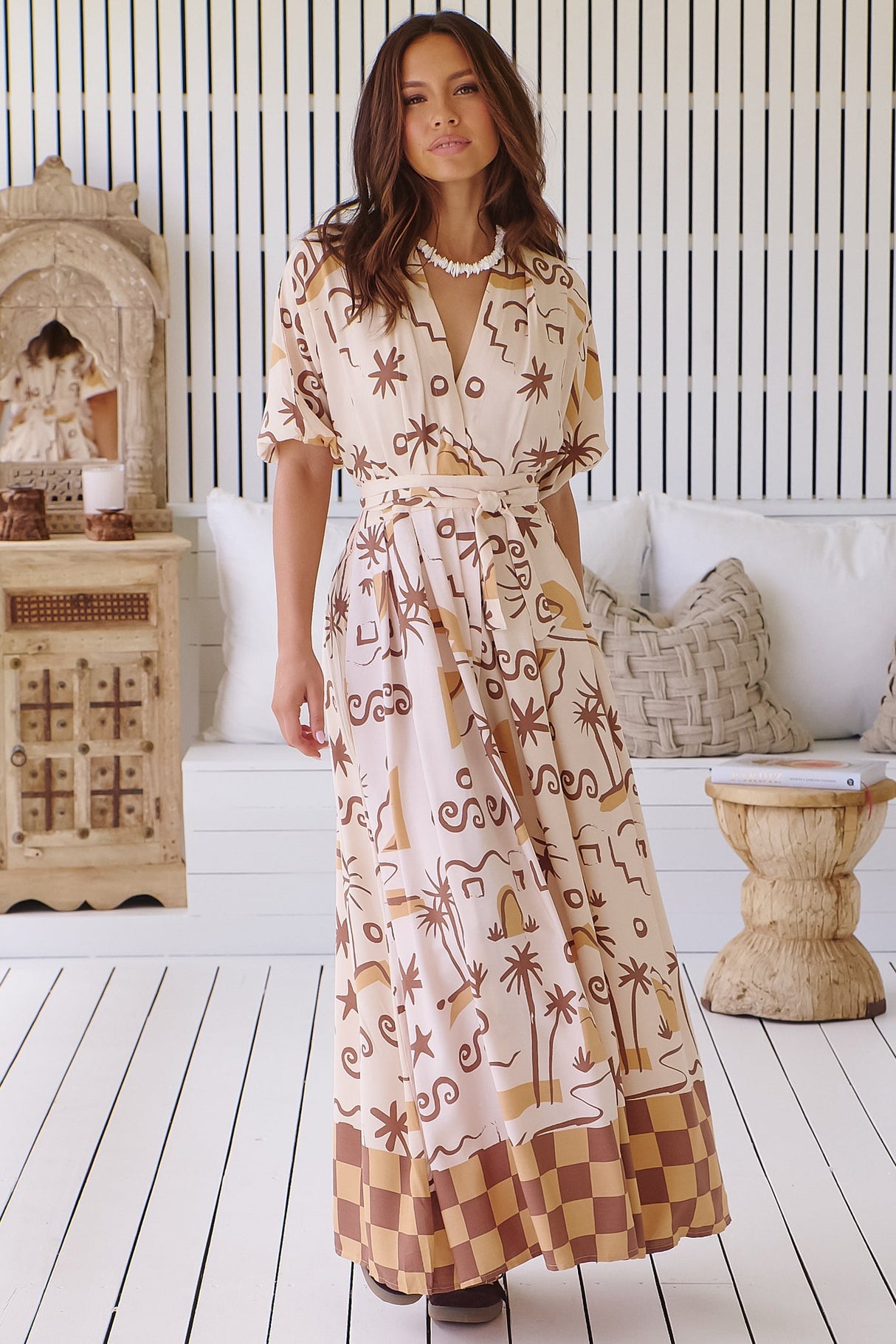 JAASE - Emerson Wrap Maxi Dress: Balloon Sleeve Kimono Wrap Dress in Tuscan Sands Print