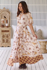JAASE - Emerson Wrap Maxi Dress: Balloon Sleeve Kimono Wrap Dress in Tuscan Sands Print