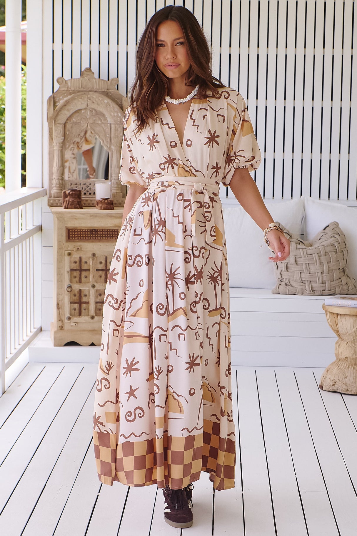 JAASE - Emerson Wrap Maxi Dress: Balloon Sleeve Kimono Wrap Dress in Tuscan Sands Print