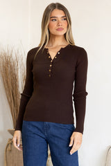 Emilia Knit Top - Gold Button Neckline Ribbed Top in Chocolate