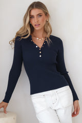 Emilia Knit Top - Gold Button Neckline Ribbed Top in Navy