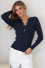 Emilia Knit Top - Gold Button Neckline Ribbed Top in Navy