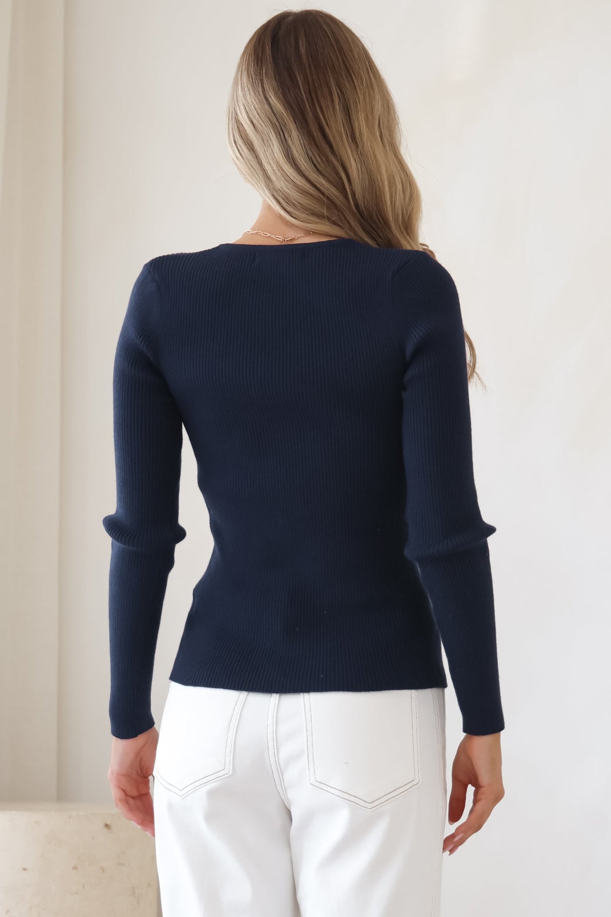 Emilia Knit Top - Gold Button Neckline Ribbed Top in Navy