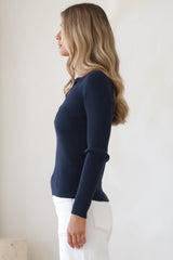 Emilia Knit Top - Gold Button Neckline Ribbed Top in Navy