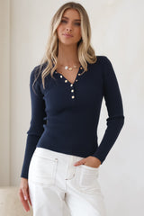 Emilia Knit Top - Gold Button Neckline Ribbed Top in Navy