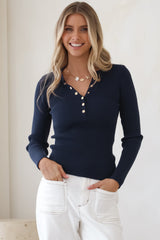Emilia Knit Top - Gold Button Neckline Ribbed Top in Navy
