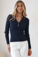 Emilia Knit Top - Gold Button Neckline Ribbed Top in Navy