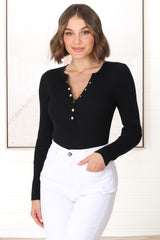 Emilia Knit Top - Gold Button Neckline Ribbed Top in Black