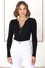 Emilia Knit Top - Gold Button Neckline Ribbed Top in Black