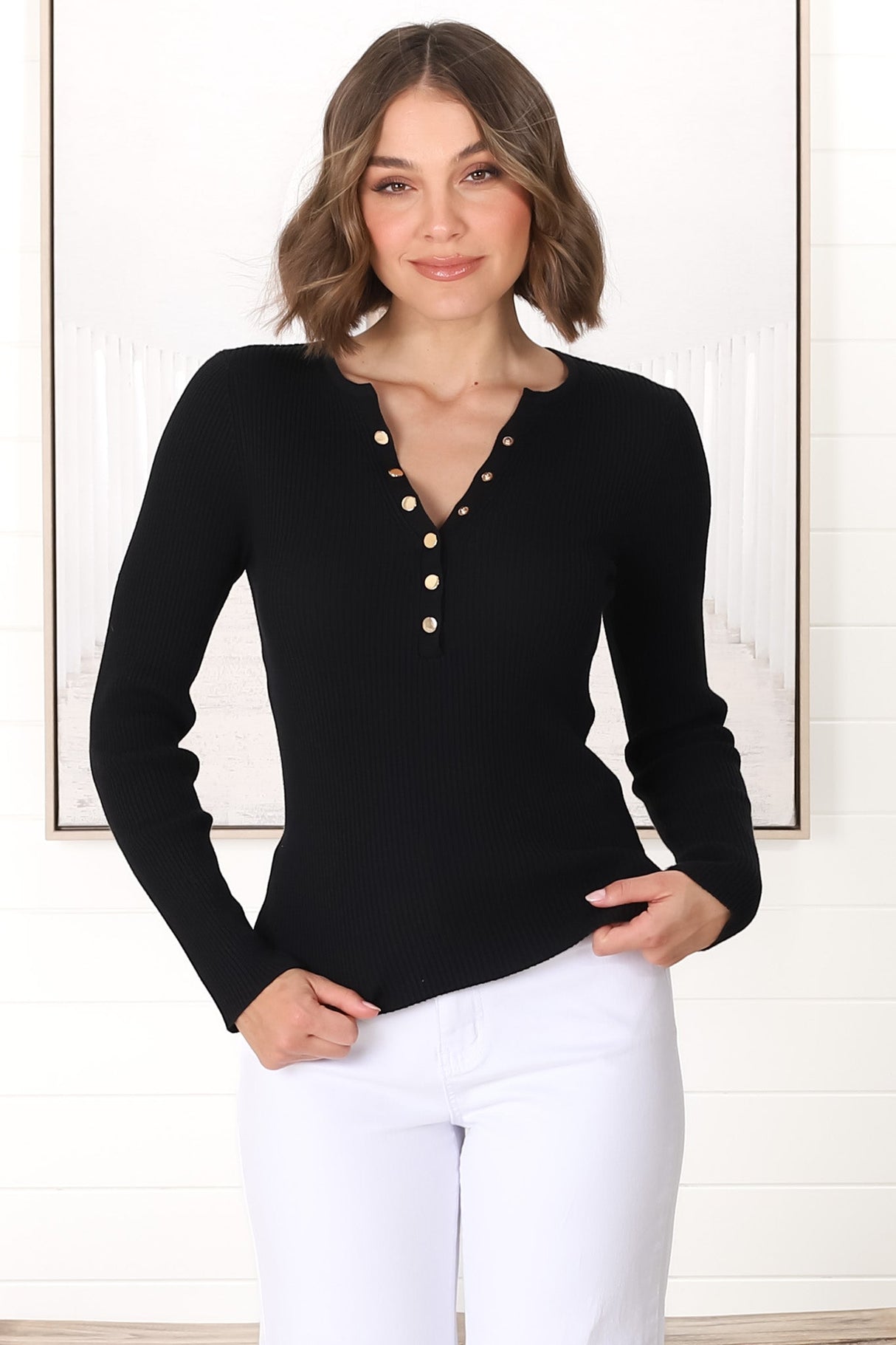 Emilia Knit Top - Gold Button Neckline Ribbed Top in Black