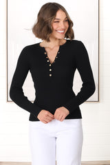 Emilia Knit Top - Gold Button Neckline Ribbed Top in Black