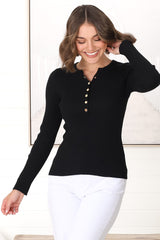 Emilia Knit Top - Gold Button Neckline Ribbed Top in Black