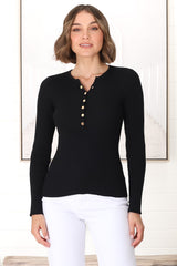 Emilia Knit Top - Gold Button Neckline Ribbed Top in Black