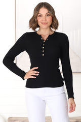 Emilia Knit Top - Gold Button Neckline Ribbed Top in Black