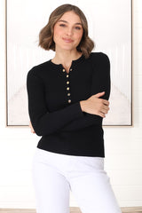 Emilia Knit Top - Gold Button Neckline Ribbed Top in Black