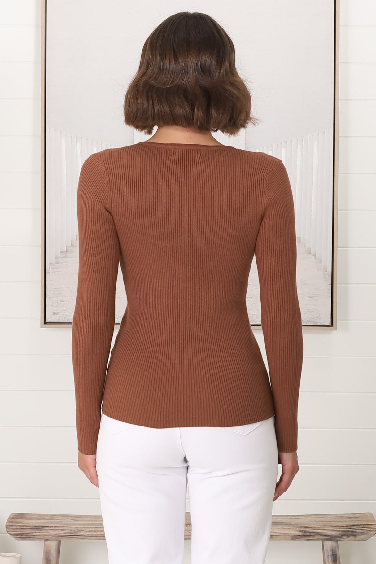 Emilia Knit Top - Gold Button Neckline Ribbed Top in Guava