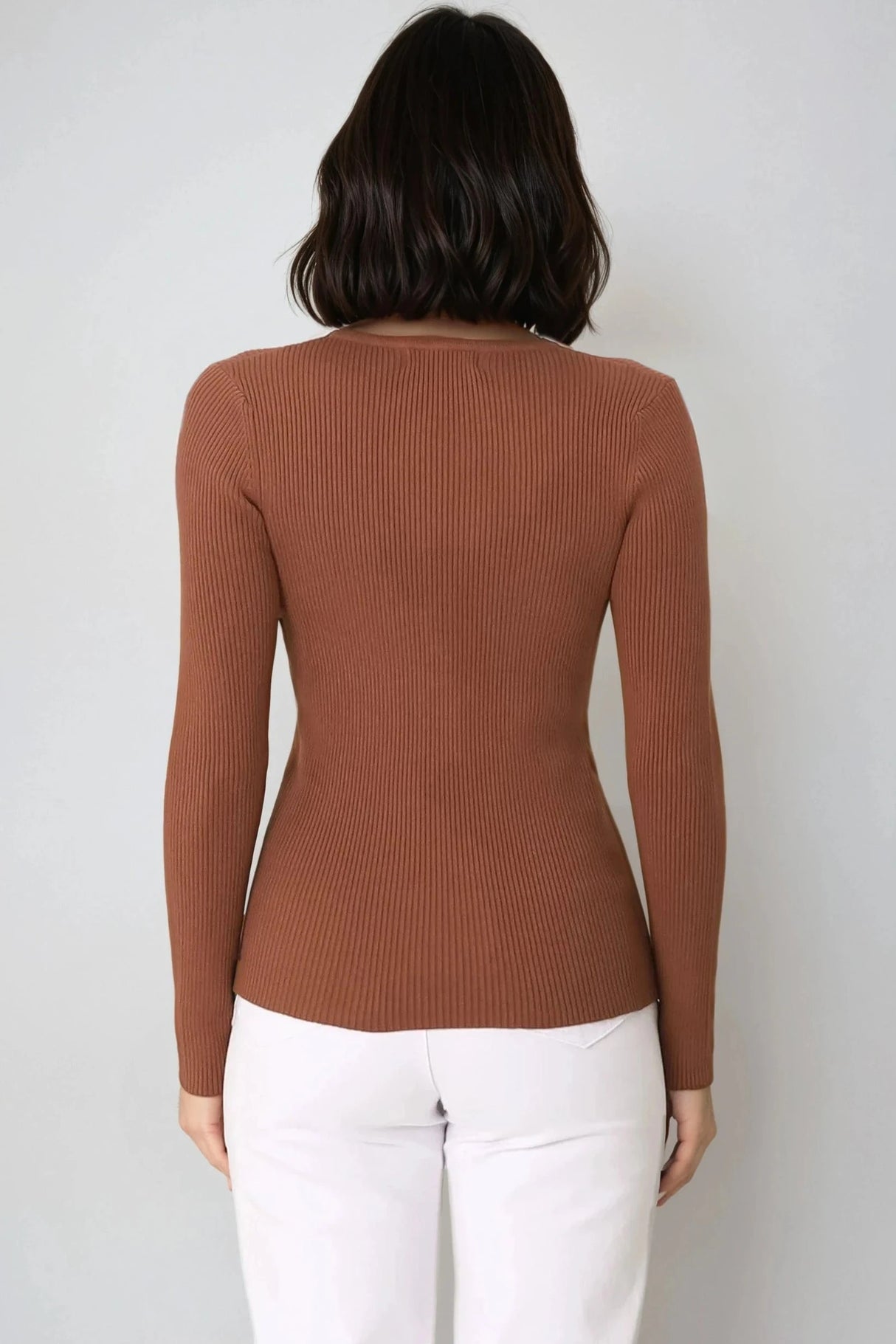 Emilia Knit Top - Gold Button Neckline Ribbed Top in Guava