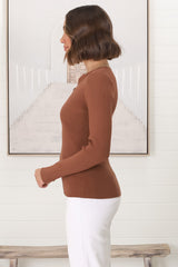 Emilia Knit Top - Gold Button Neckline Ribbed Top in Guava