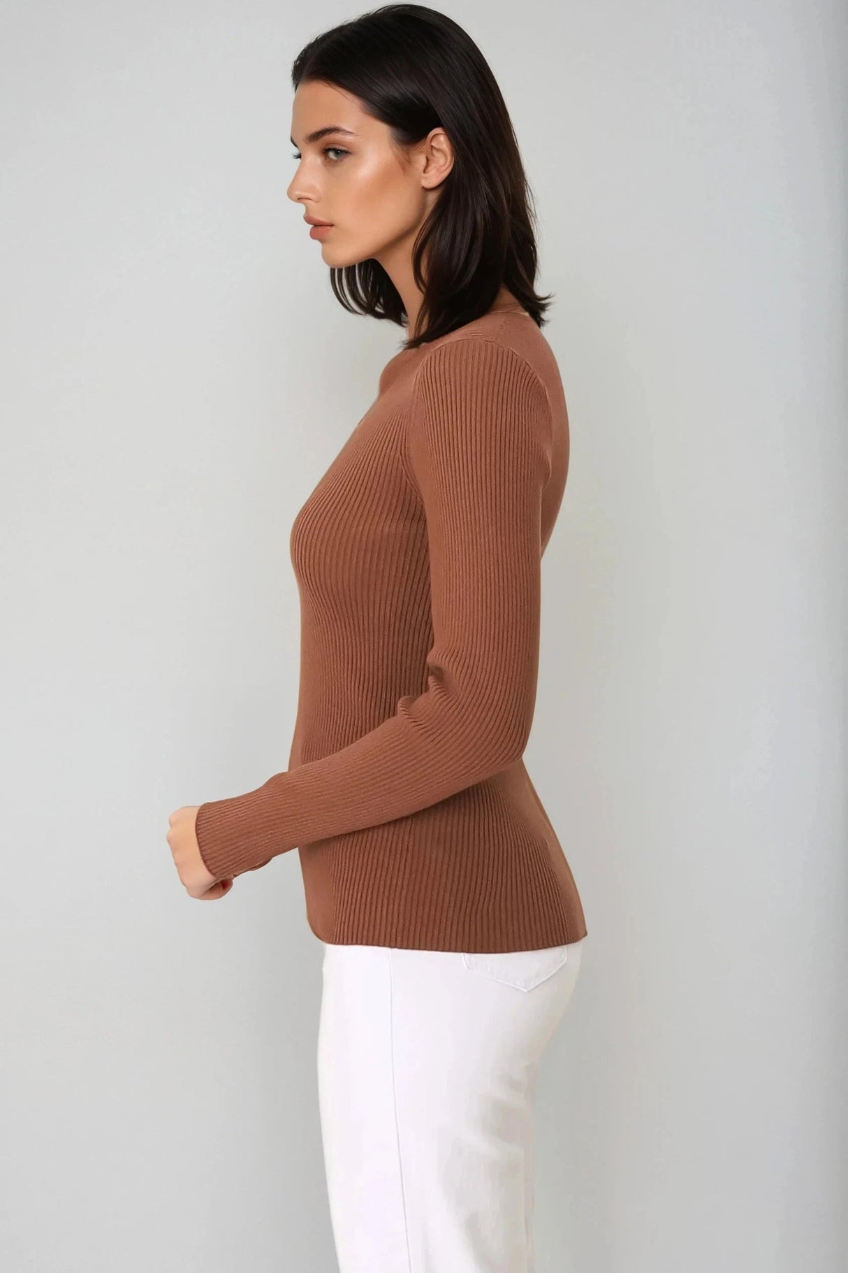 Emilia Knit Top - Gold Button Neckline Ribbed Top in Guava