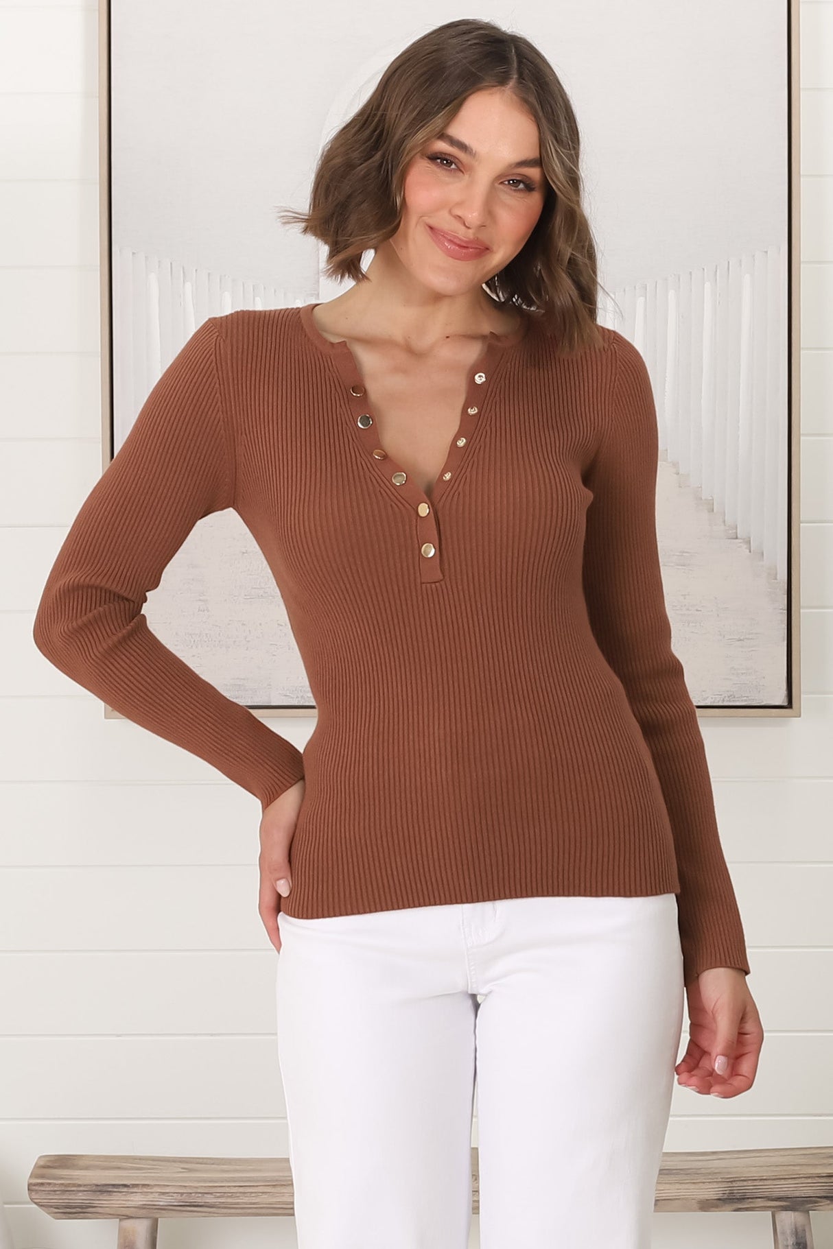 Emilia Knit Top - Gold Button Neckline Ribbed Top in Guava