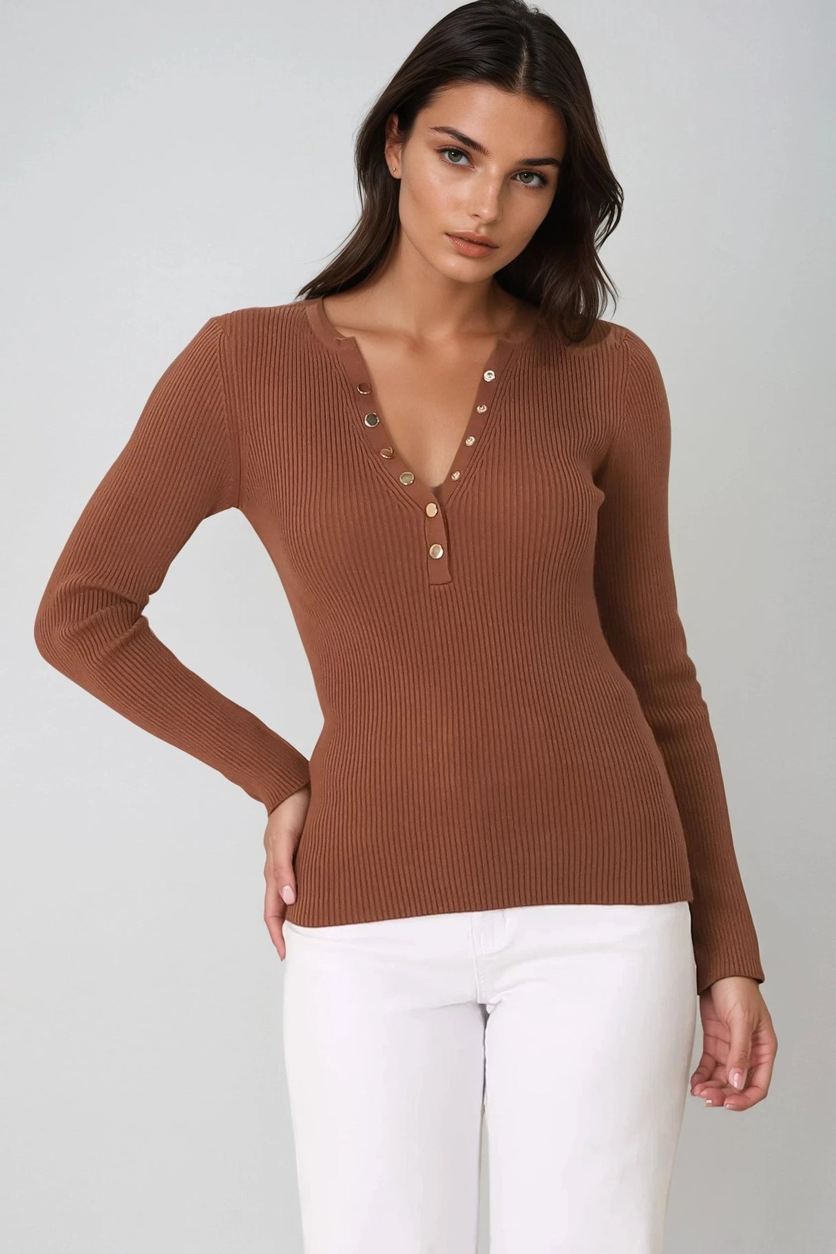 Emilia Knit Top - Gold Button Neckline Ribbed Top in Guava