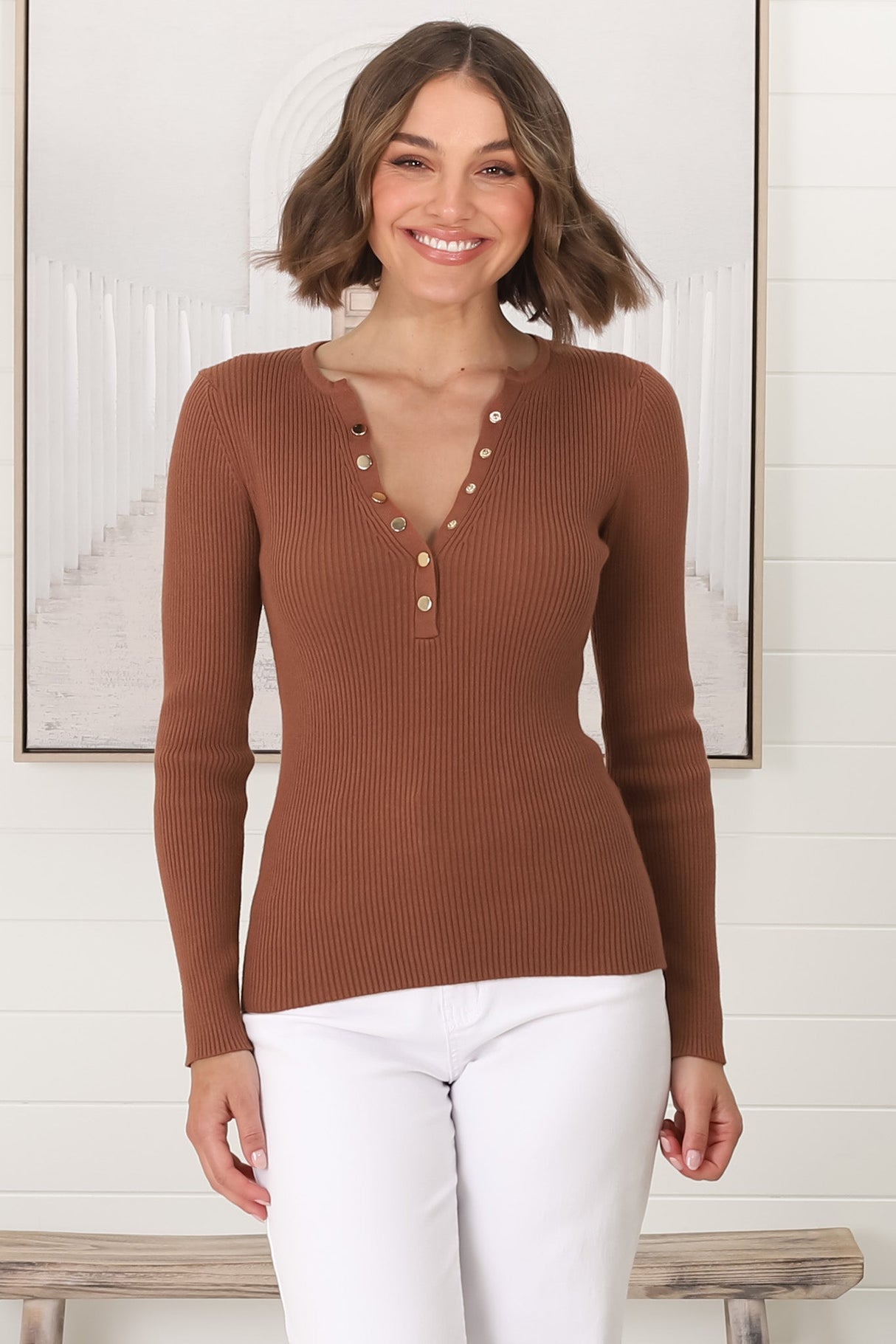 Emilia Knit Top - Gold Button Neckline Ribbed Top in Guava