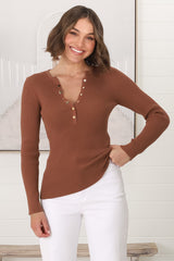 Emilia Knit Top - Gold Button Neckline Ribbed Top in Guava