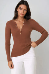 Emilia Knit Top - Gold Button Neckline Ribbed Top in Guava