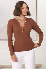 Emilia Knit Top - Gold Button Neckline Ribbed Top in Guava