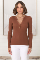 Emilia Knit Top - Gold Button Neckline Ribbed Top in Guava