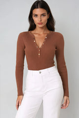 Emilia Knit Top - Gold Button Neckline Ribbed Top in Guava