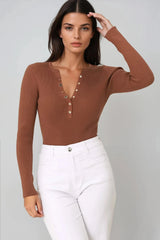 Emilia Knit Top - Gold Button Neckline Ribbed Top in Guava