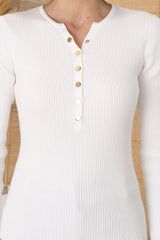 Emilia Knit Top - Gold Button Neckline Ribbed Top in White