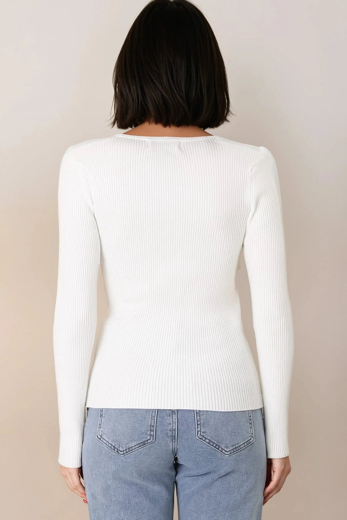 Emilia Knit Top - Gold Button Neckline Ribbed Top in White