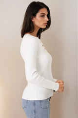 Emilia Knit Top - Gold Button Neckline Ribbed Top in White