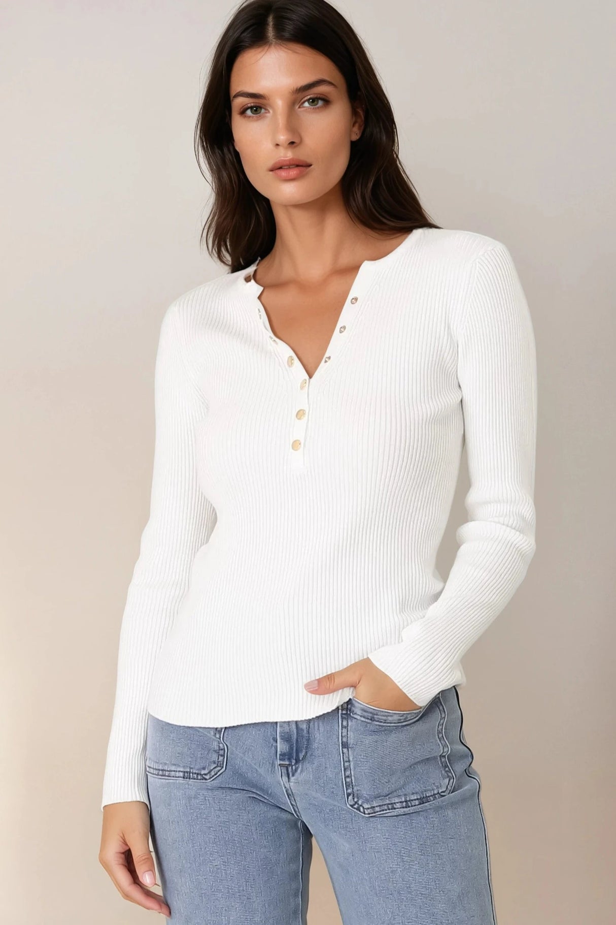 Emilia Knit Top - Gold Button Neckline Ribbed Top in White