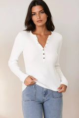 Emilia Knit Top - Gold Button Neckline Ribbed Top in White